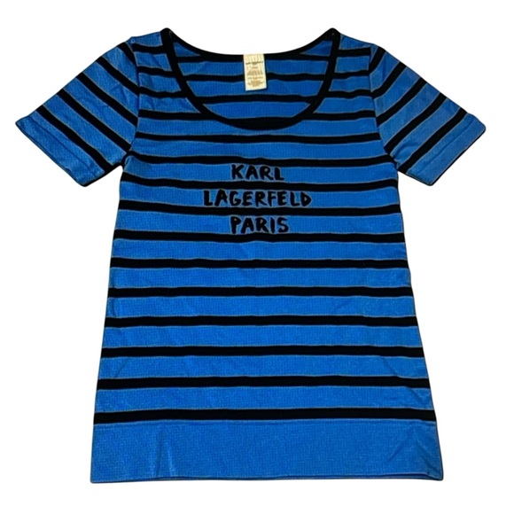 Karl Lagerfeld Paris Blue and Black Striped Seamless T-Shirt -Women’s Size Small - Picture 1 of 14